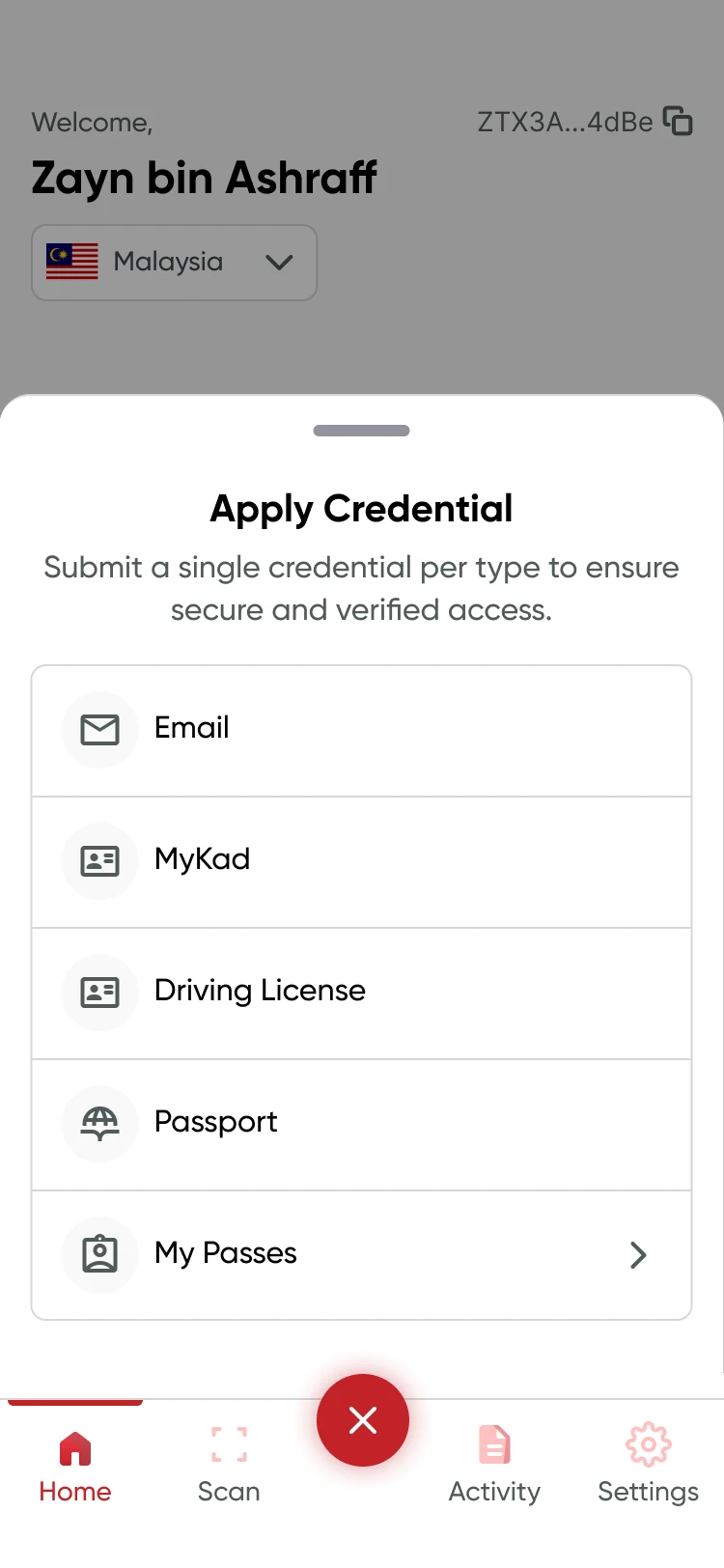 Apply credential screen