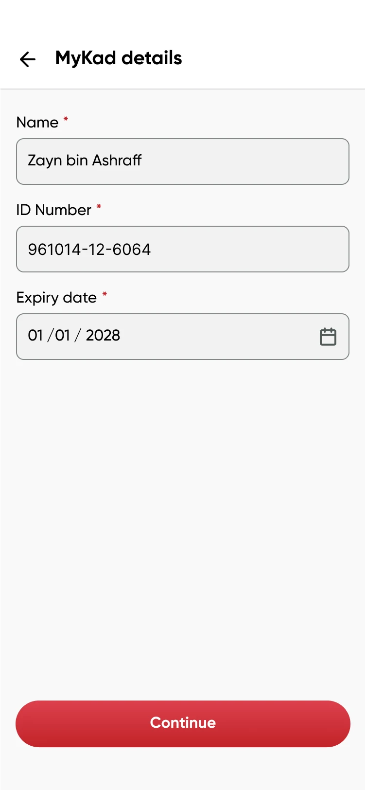 Identity details verification screen